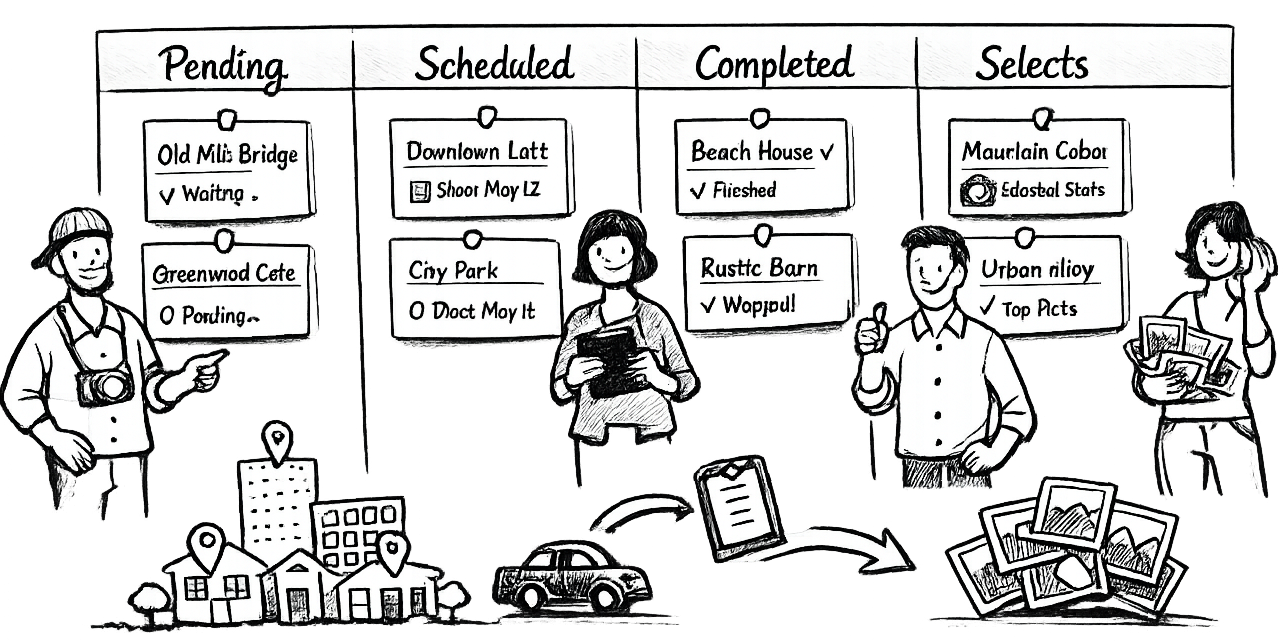Kanban board with location status columns